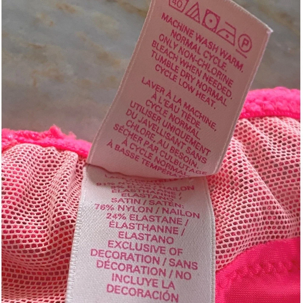 Victorias Secret Neon Pink Lace Satin Low Rise Bikini Panty Medium Bow 2013 y2k
